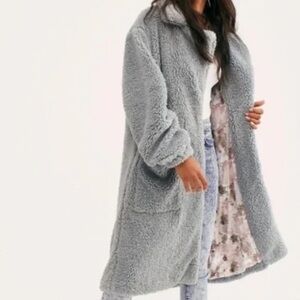 Like New Free People Dusty Blue Teddy Bear Coat with Floral Lining, Size L